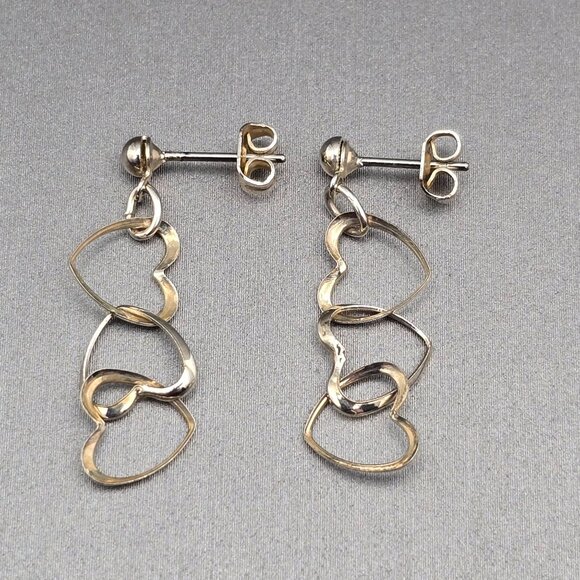 VTG Sterling Silver Dangling Triple Heart Earrings 1" Stud Back Interlocking - Picture 2 of 4